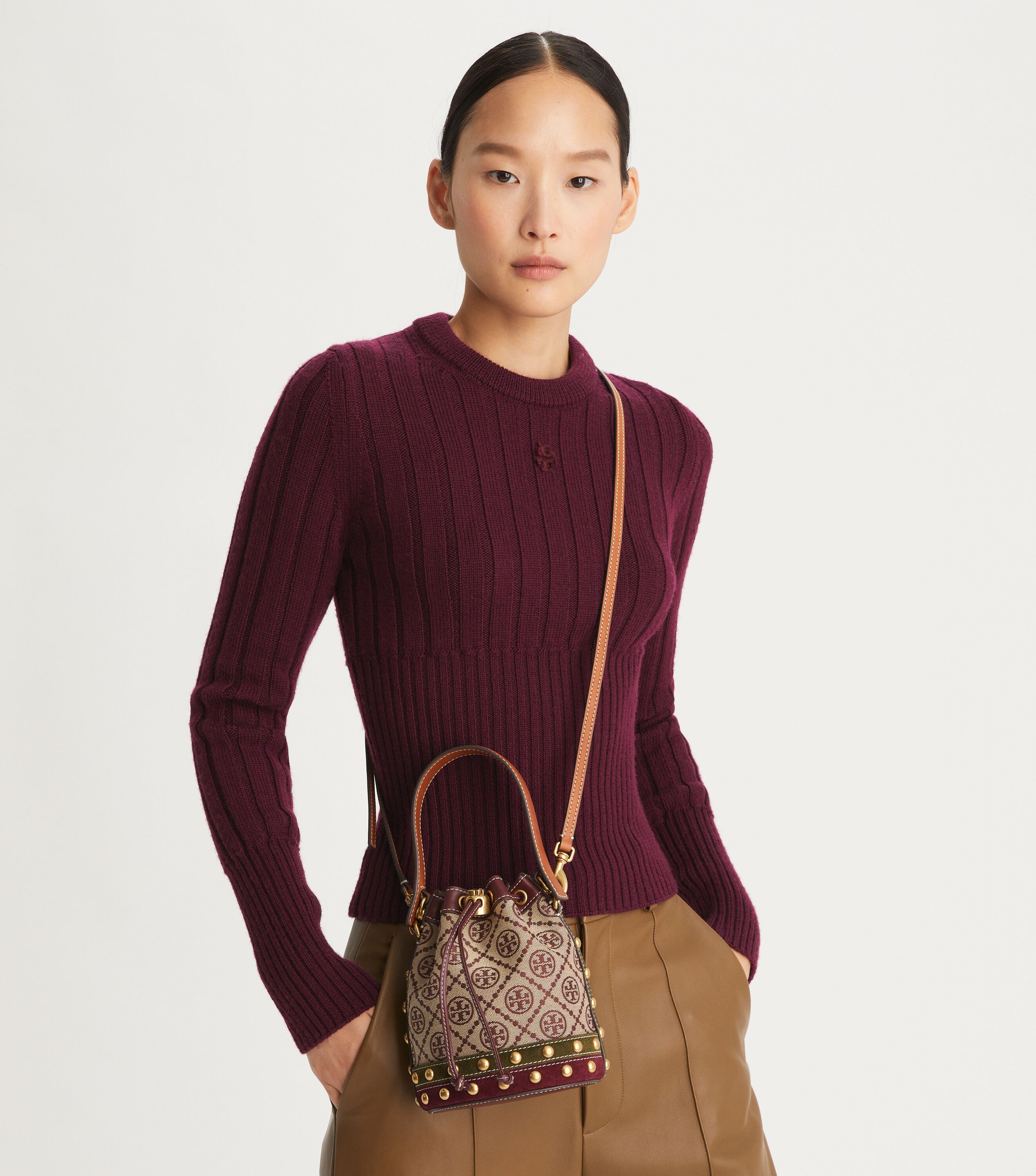 T Monogram Jacquard Studded Mini Bucket Bag, Claret | Tory