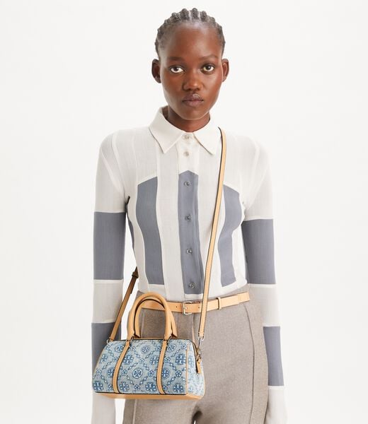 tory burch t monogram denim petite barrel bag