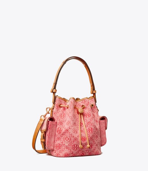 tory burch t monogram denim bucket bag