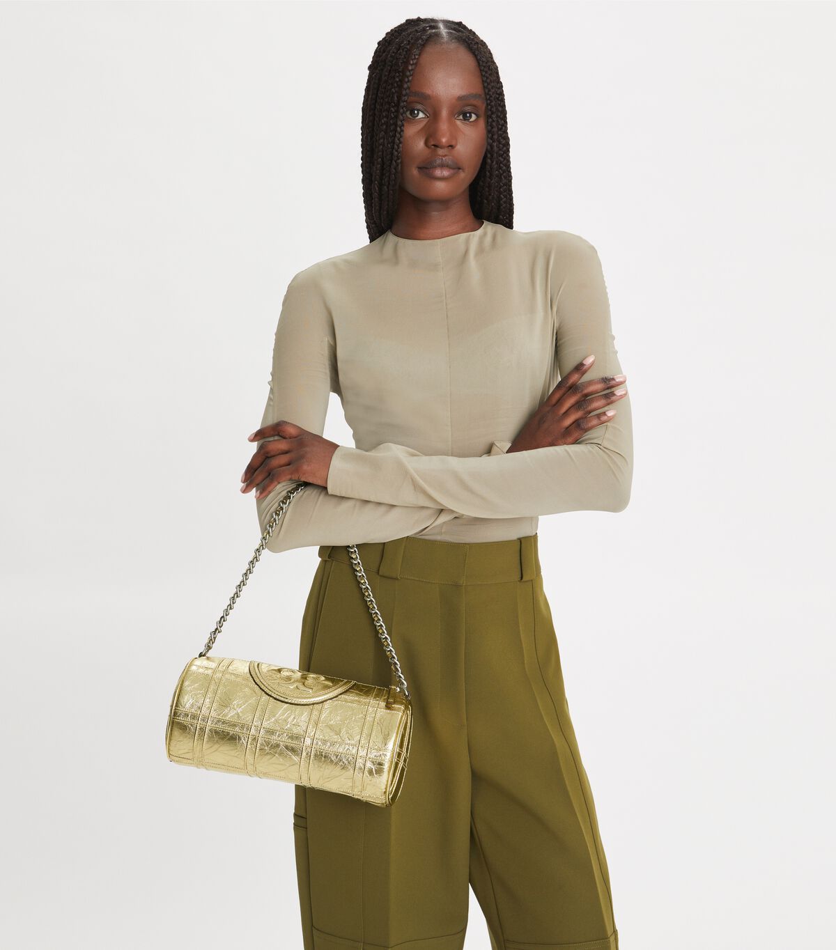 tory burch fleming metallic soft barrel bag