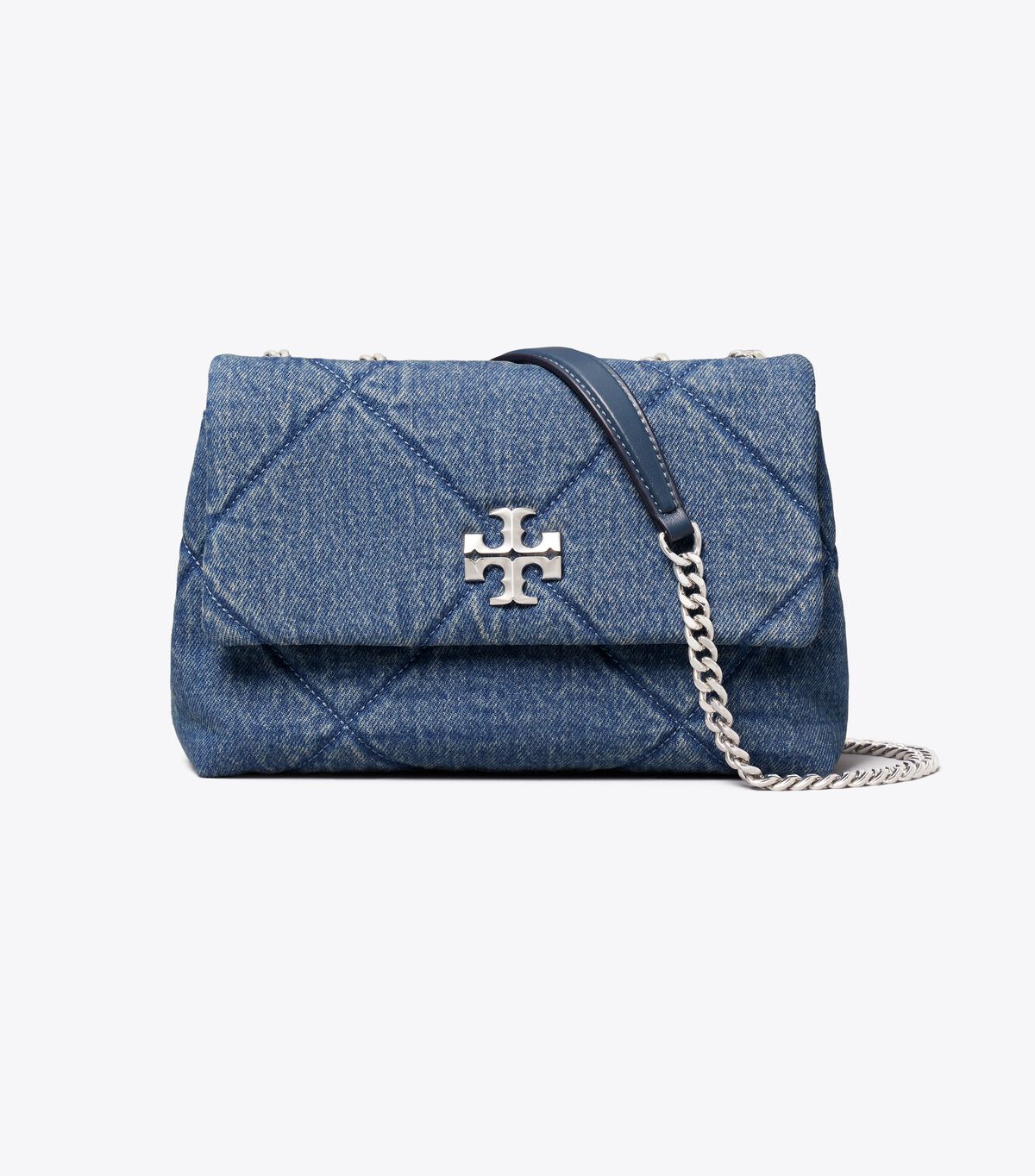 tory burch حقيبة كتف كيرا صغيرة من قماش الدنيم المبطن بالألماس