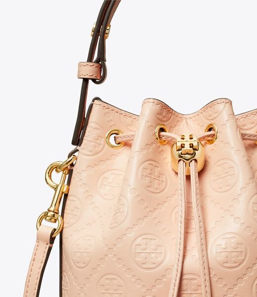 tory burch t monogram leather mini bucket bag