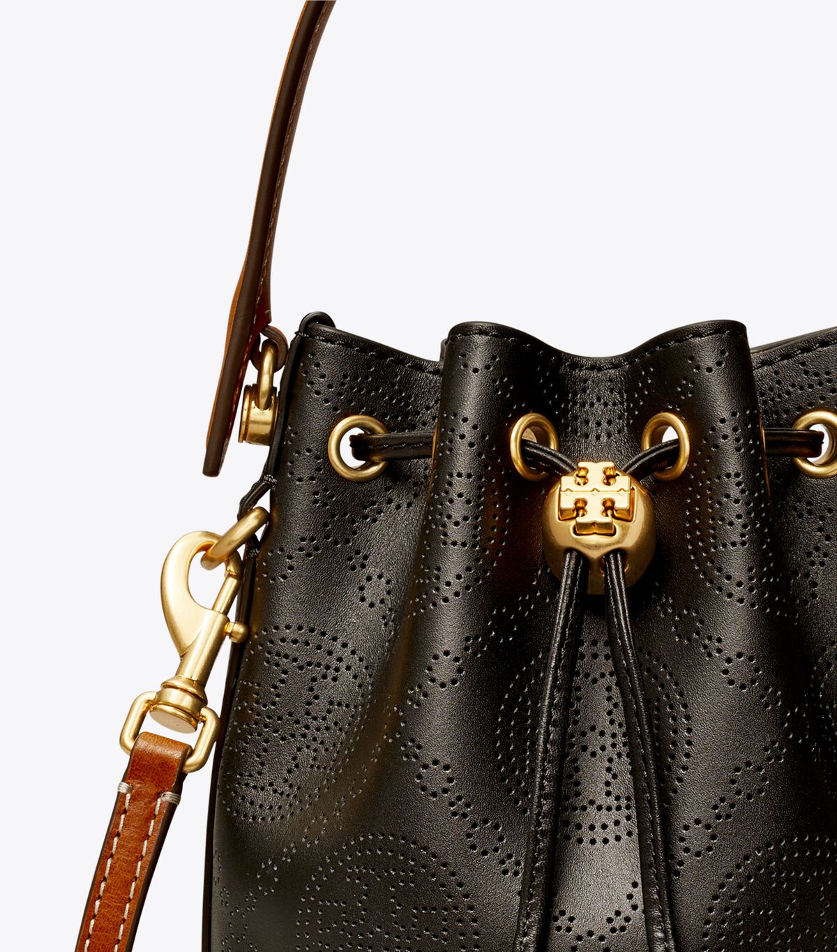 tory burch mini t monogram perforated leather bucket bag