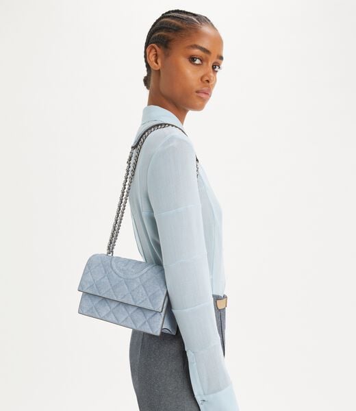 tory burch small fleming denim print suede shoulder bag