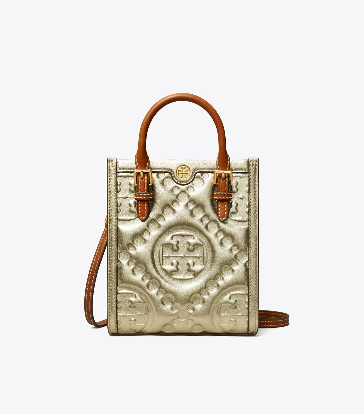 tory burch t monogram embossed metallic mini tote