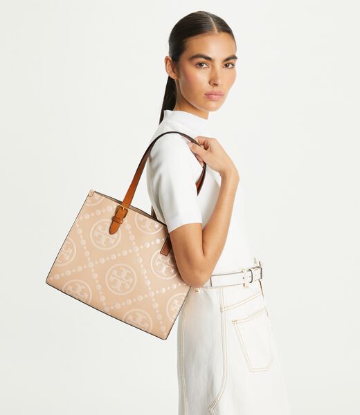 tory burch small t monogram contrast embossed tote