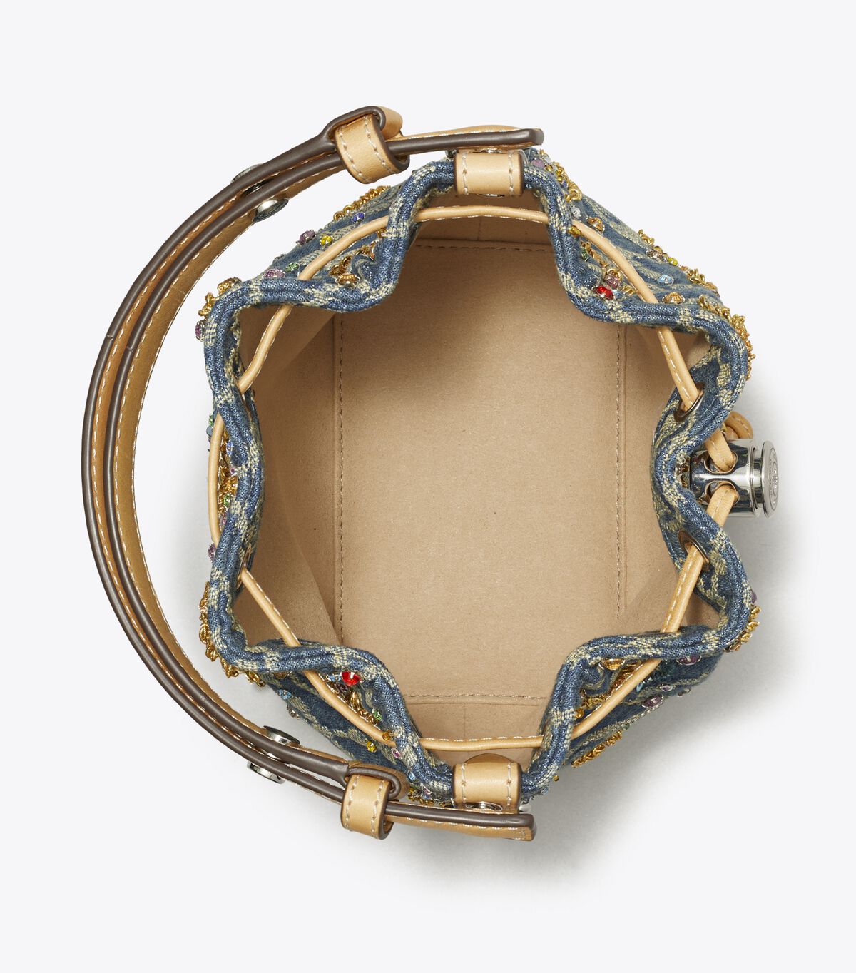 tory burch حقيبة دلو صغيرة مزينة بنقشة حرف t من قماش الدنيم