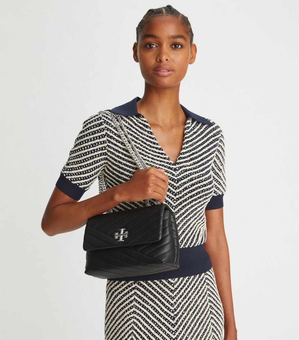 Small Kira Chevron Convertible Shoulder Bag, Black Rolled Nickel