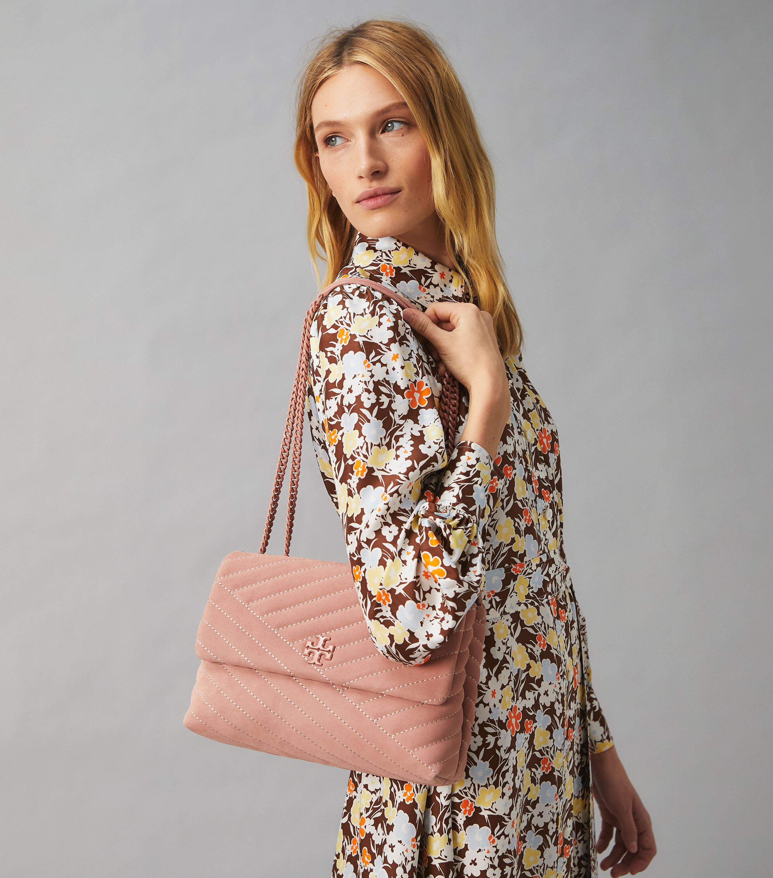 Kira Chevron Suede Powder Coated Convertible Shoulder Bag
