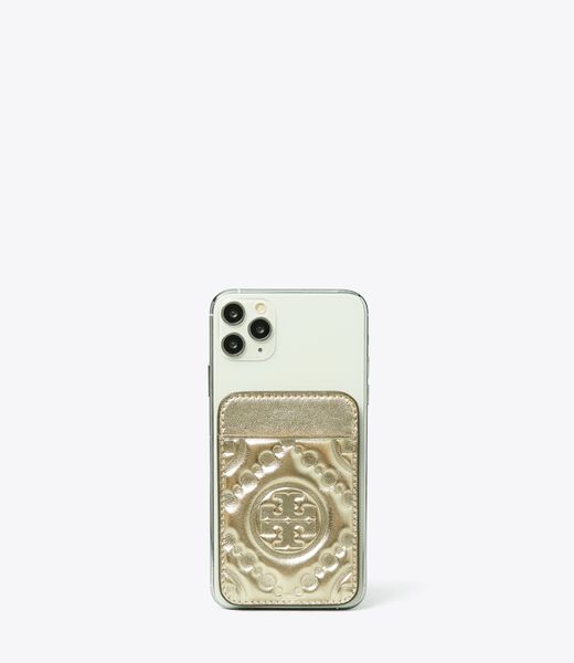 tory burch t monogram embossed metallic card pocket