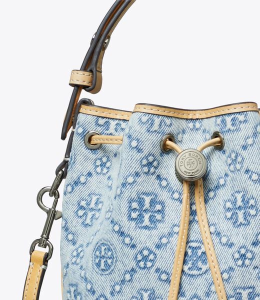 tory burch t monogram denim mini bucket bag