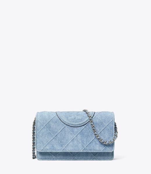 tory burch fleming denim print suede chain wallet