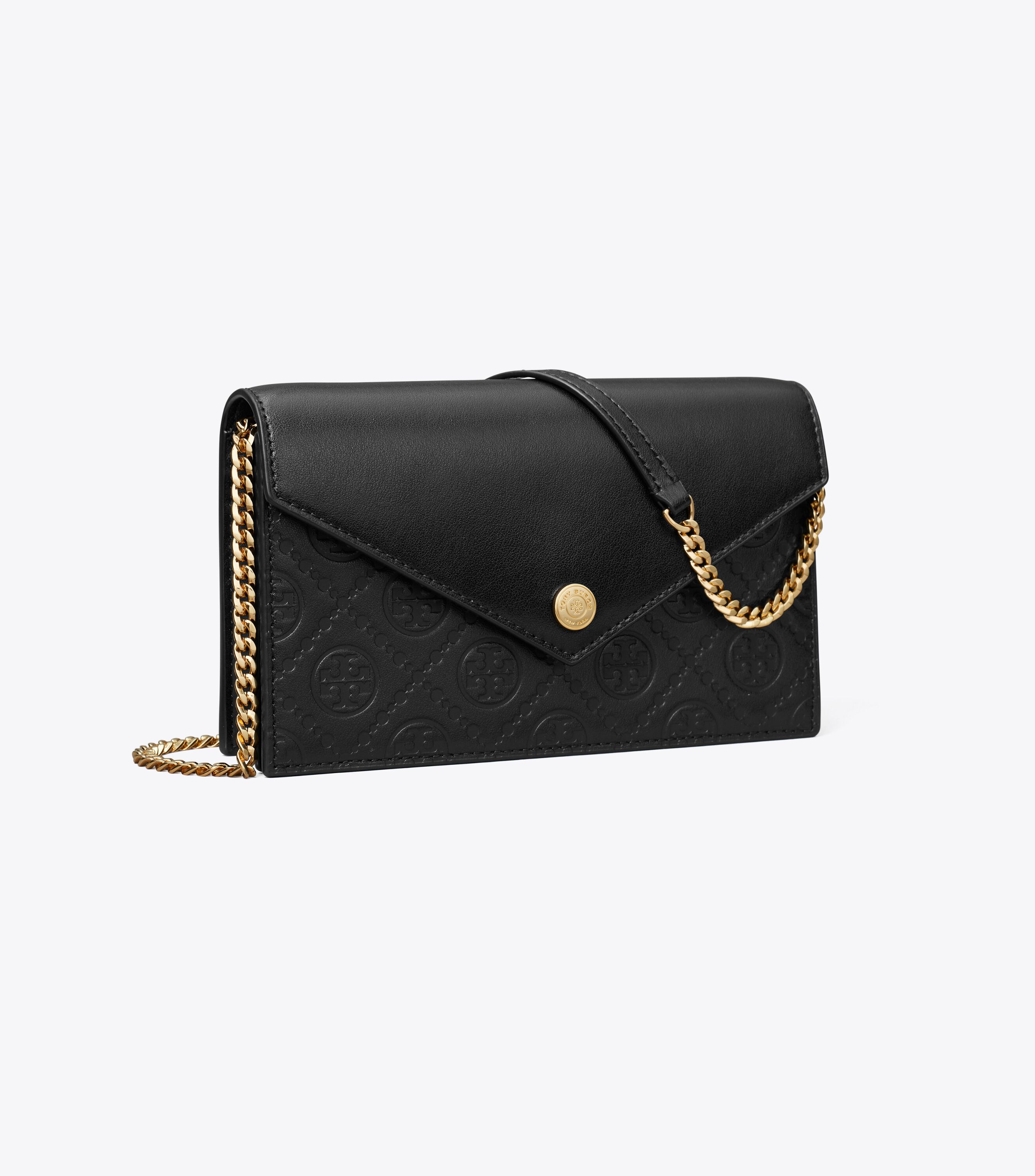 T Monogram Leather Envelope Chain Wallet, Black | Tory Burch UAE