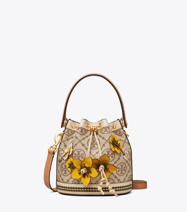 T Monogram Braided Floral Bucket Bag