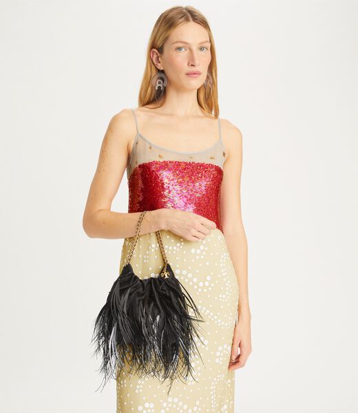 tory burch mini fleming feather drawstring bag