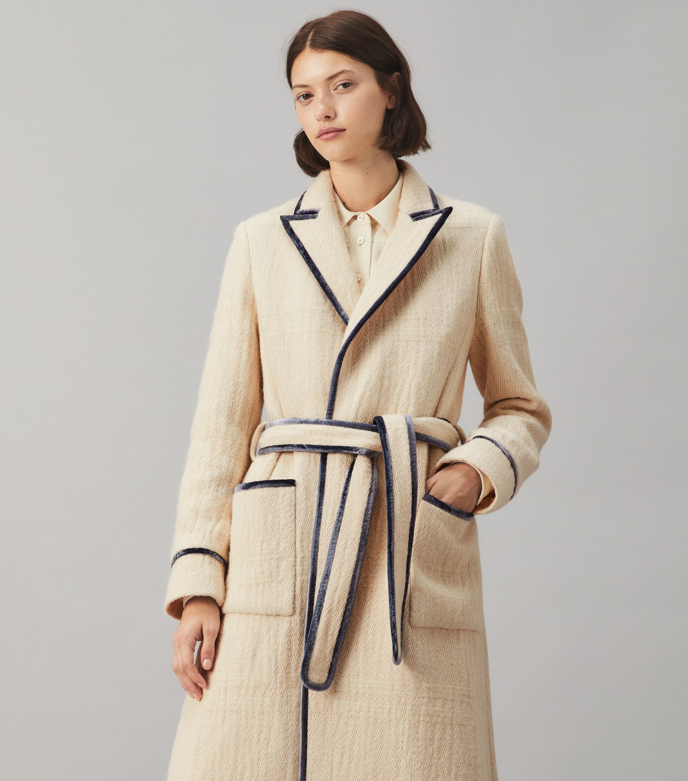 Velvet Trim Wool Wrap Coat Ready To Wear Tory Burch