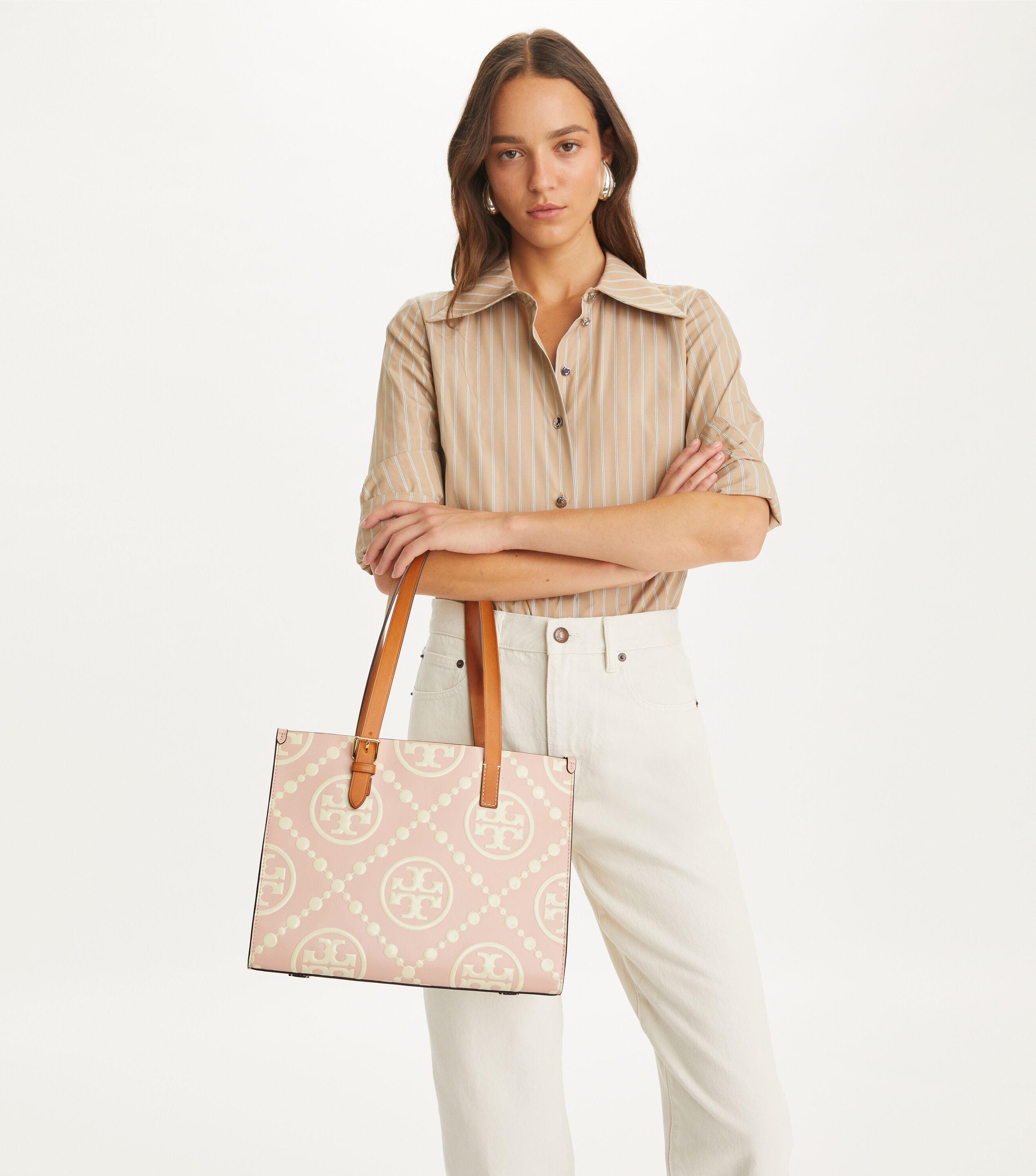 Small T Monogram Contrast Embossed Tote, Pink Dawn | Tory