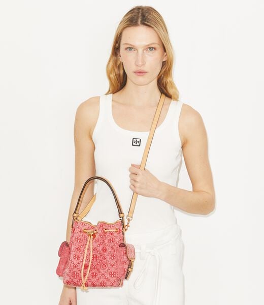 tory burch t monogram denim bucket bag