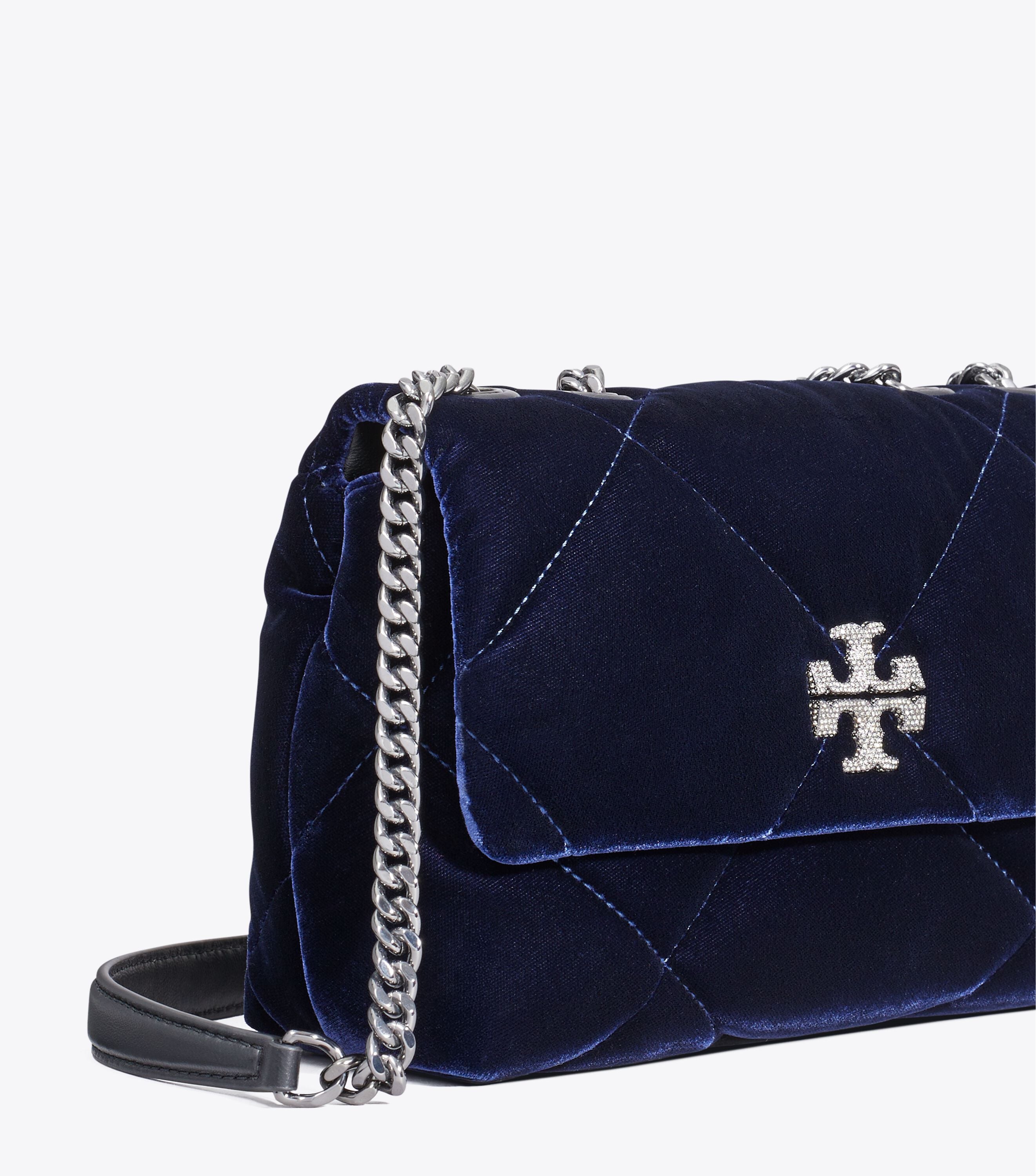 新品 Whiting&Davis Kyra Petite Ruffle バッグ Small Kira Diamond Quilt Velvet Pave Shoulder Bag, Perfect Navy