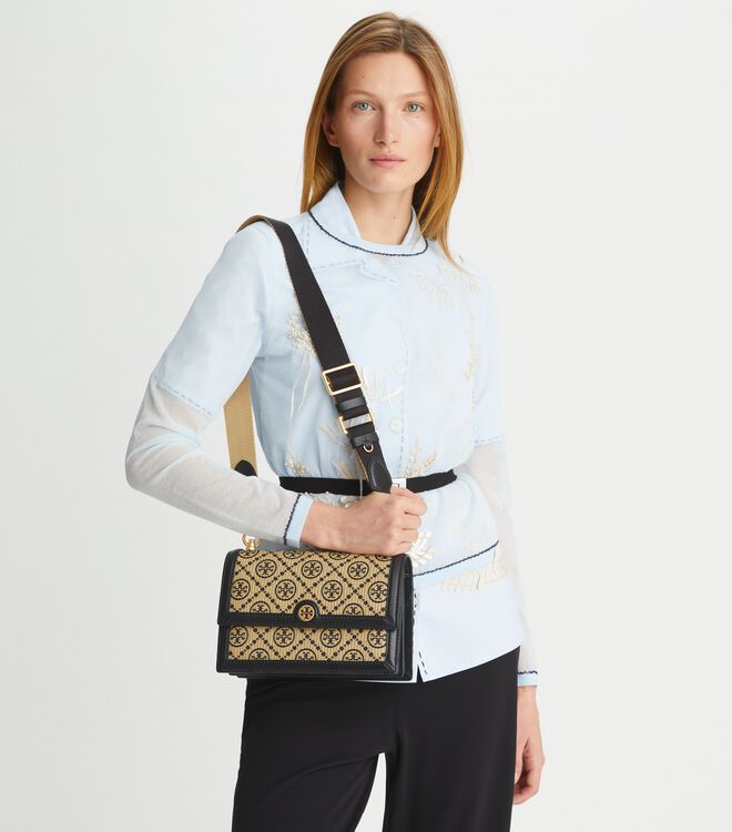 T Monogram Raffia Small Shoulder Bag | Handbags | Tory Burch