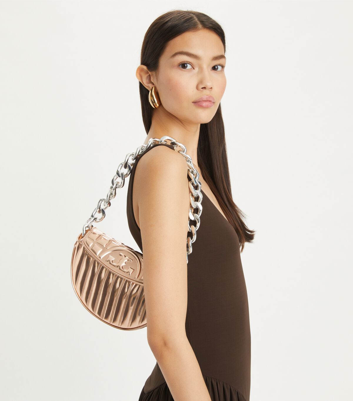 tory burch mini fleming soft metallic quilt crescent bag
