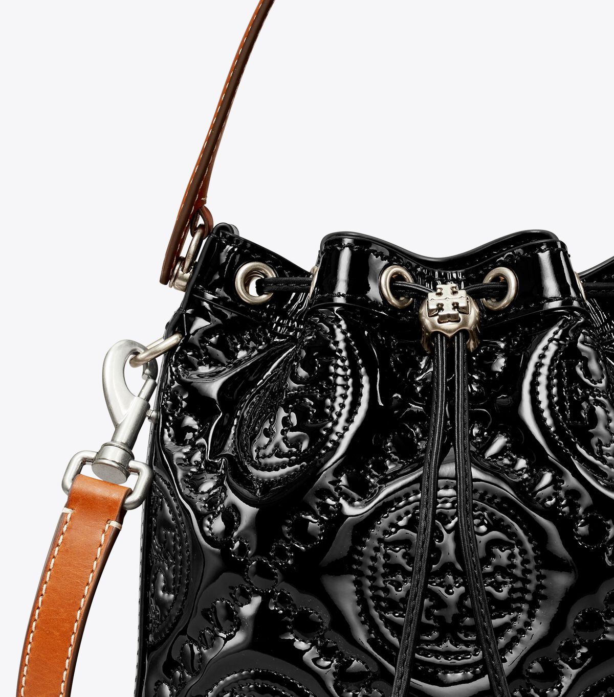 tory burch t monogram embroidered patent bucket bag