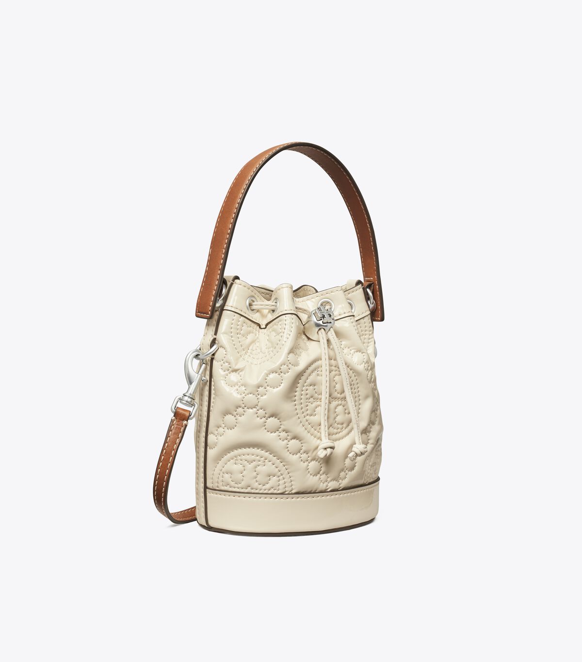 tory burch mini t monogram embroidered patent bucket bag