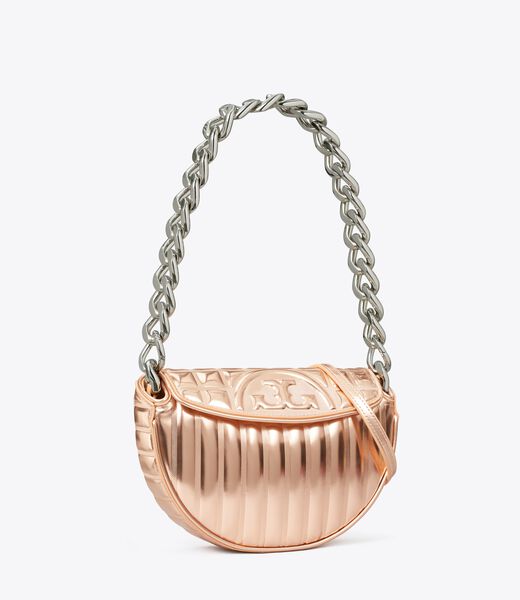 tory burch mini fleming soft metallic quilt crescent bag