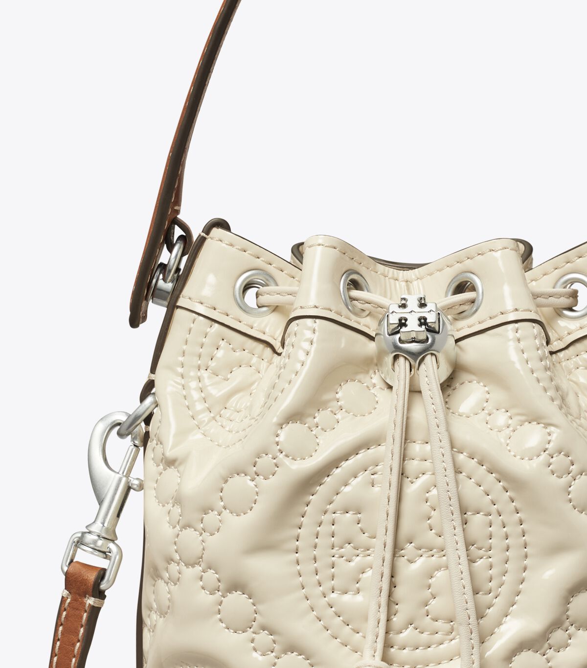 tory burch mini t monogram embroidered patent bucket bag