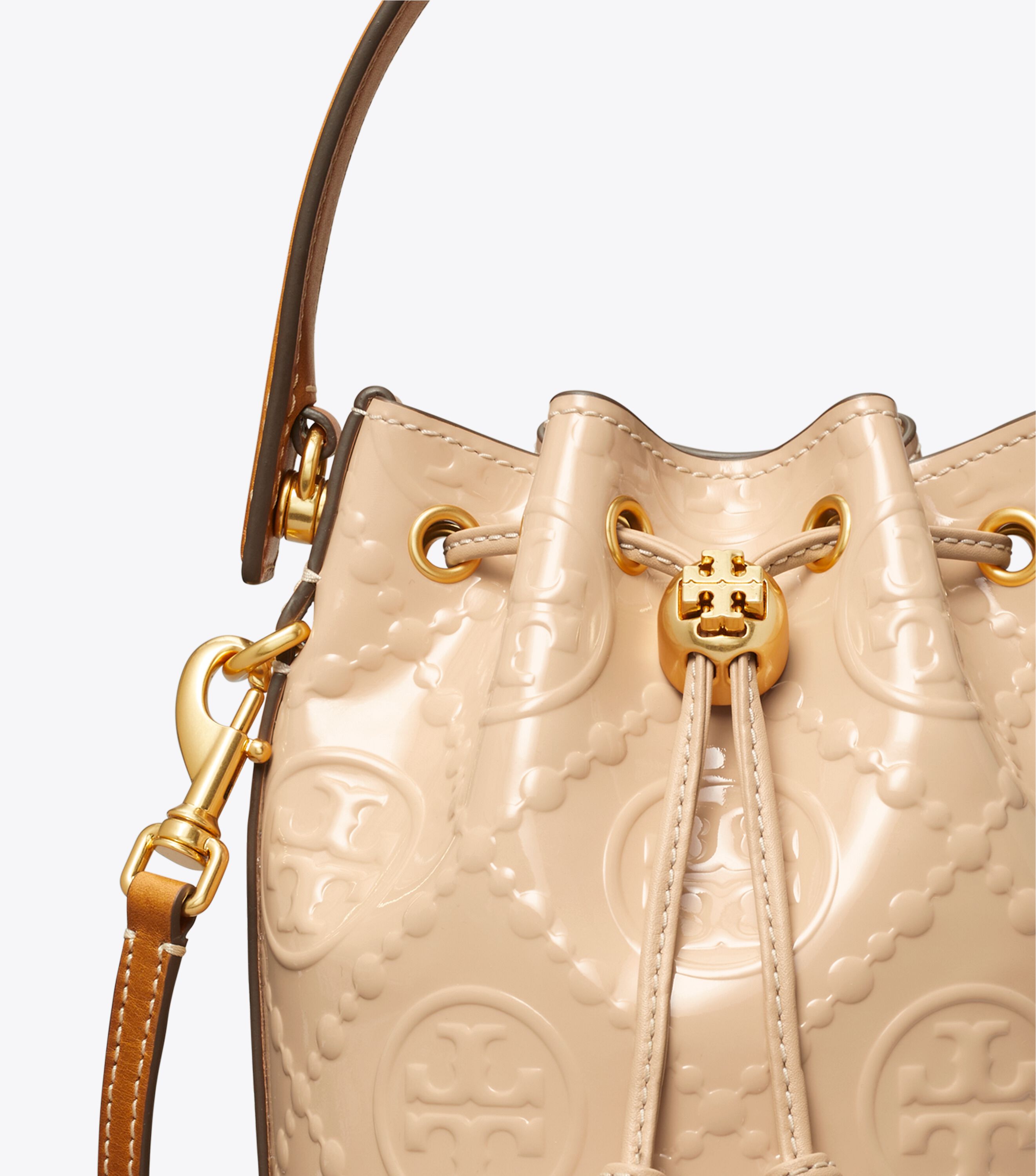 T Monogram Patent Embossed Mini Bucket Bag, Warm Chai | Tory