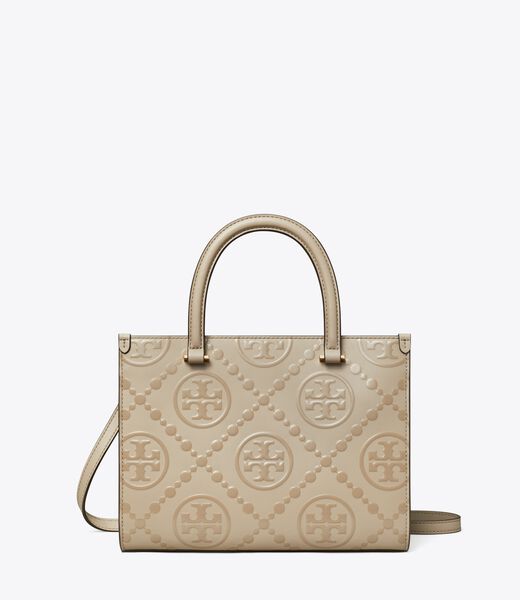 tory burch t monogram top handle embossed tote