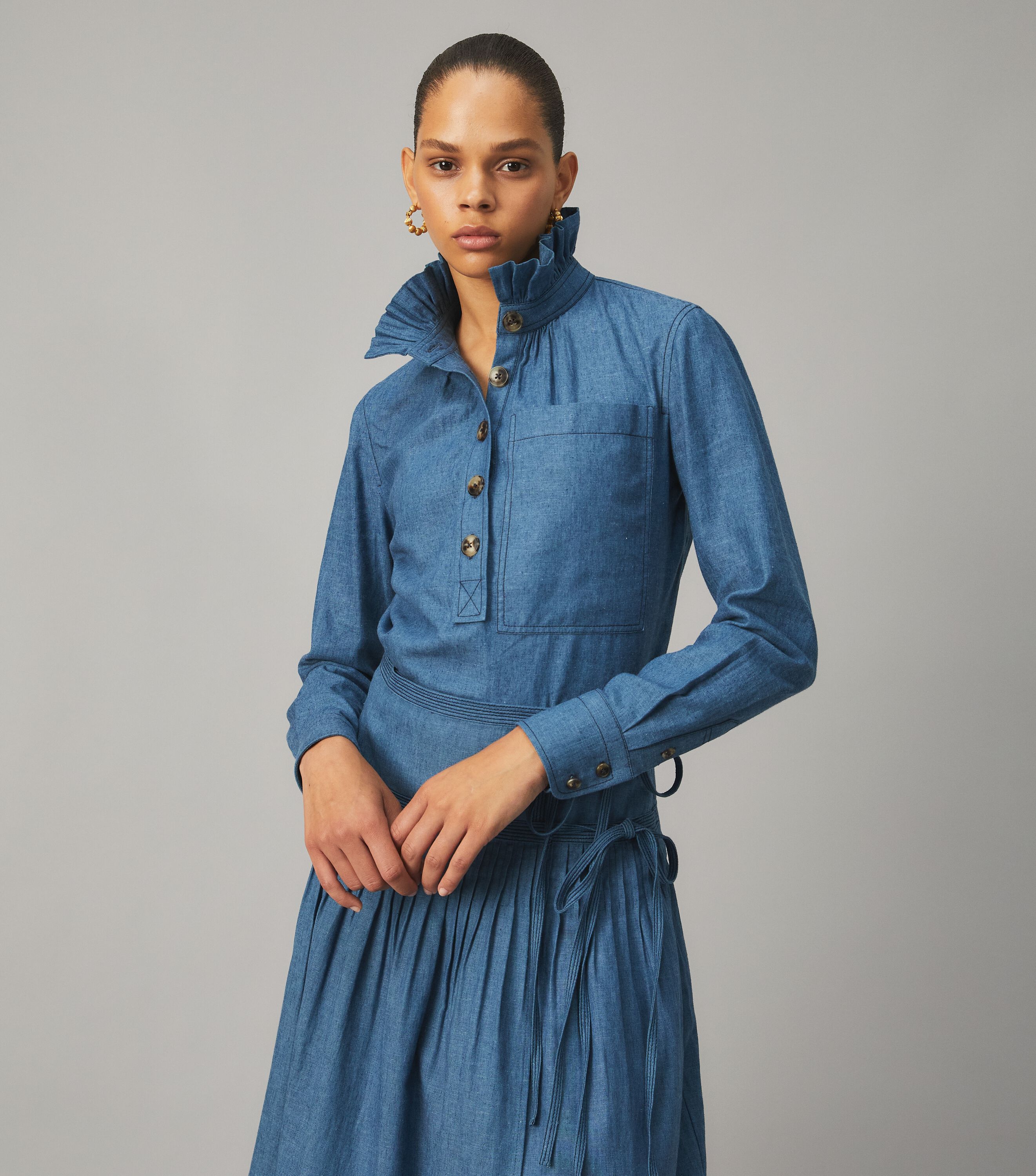 Chambray Ruffle Neck Blouse Ready To Wear Tory Burch