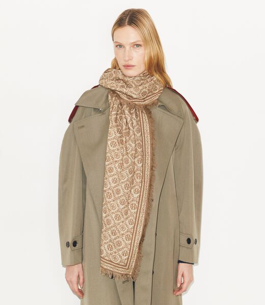 tory burch وشاح مستطيل مزهر بنقشة t مونوغرام