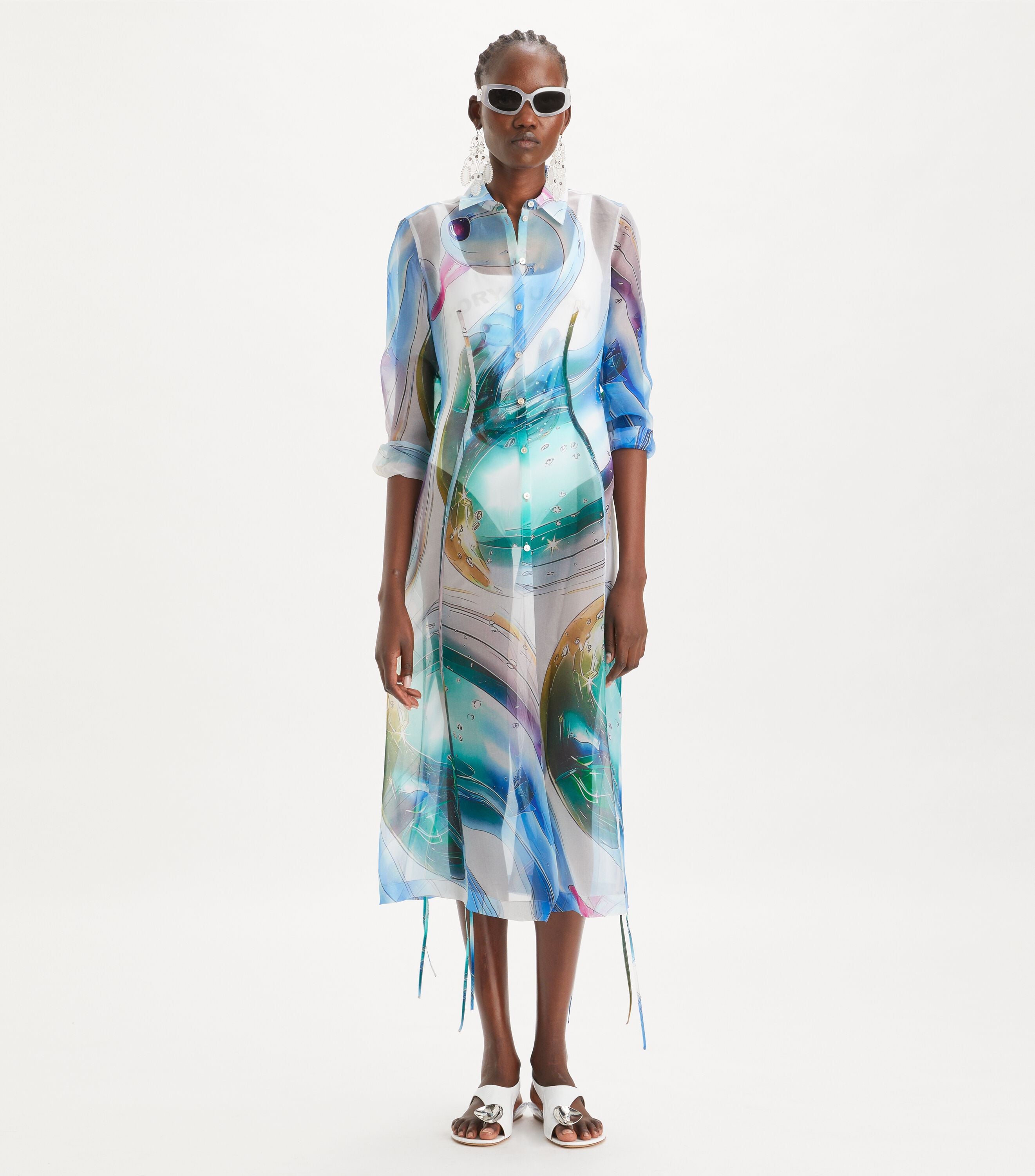Silk Organza Shirtdress, Blue Glass Swan Large | Tory Burch UAE