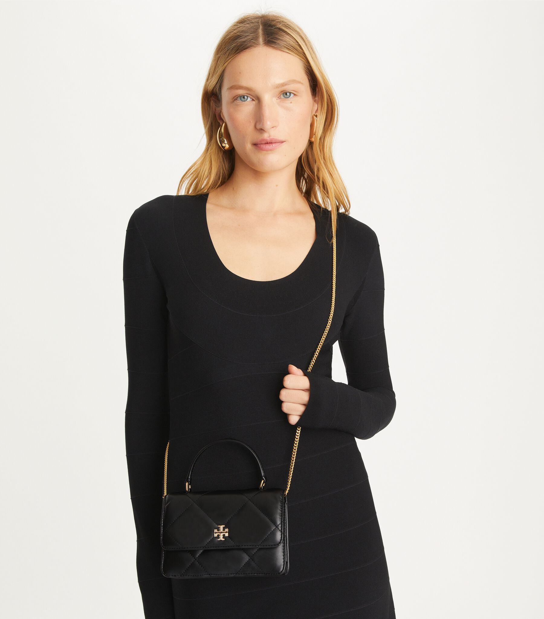 Mini Kira Diamond Quilt Pave Logo Top-Handle Chain Wallet, Black 