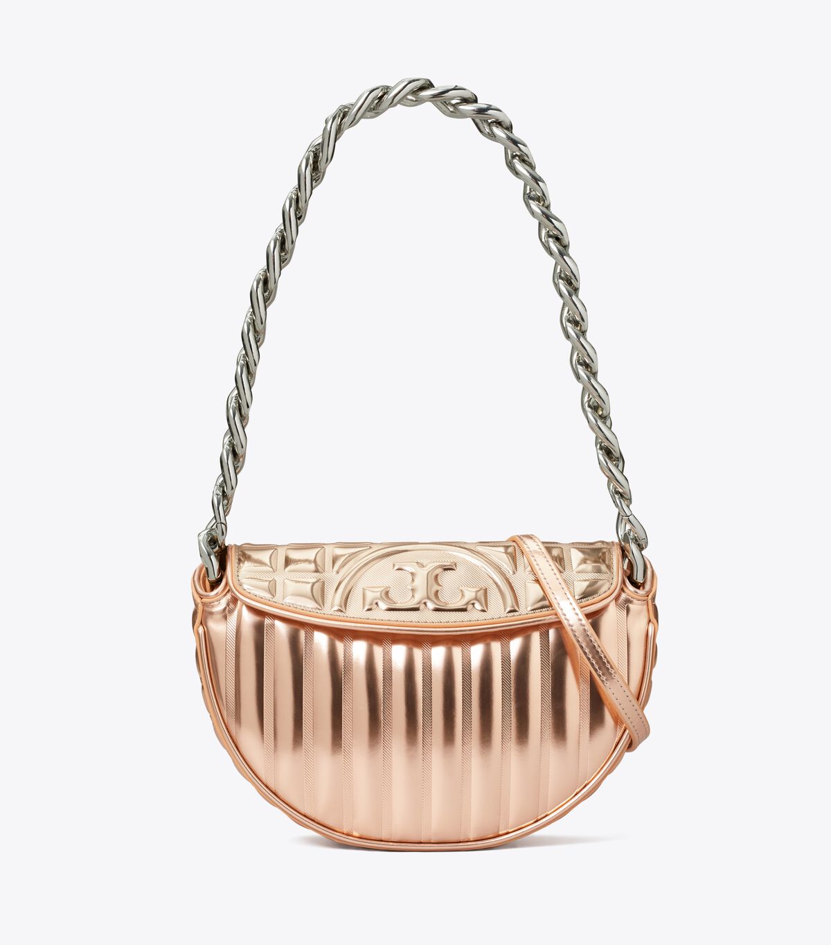 tory burch mini fleming soft metallic quilt crescent bag