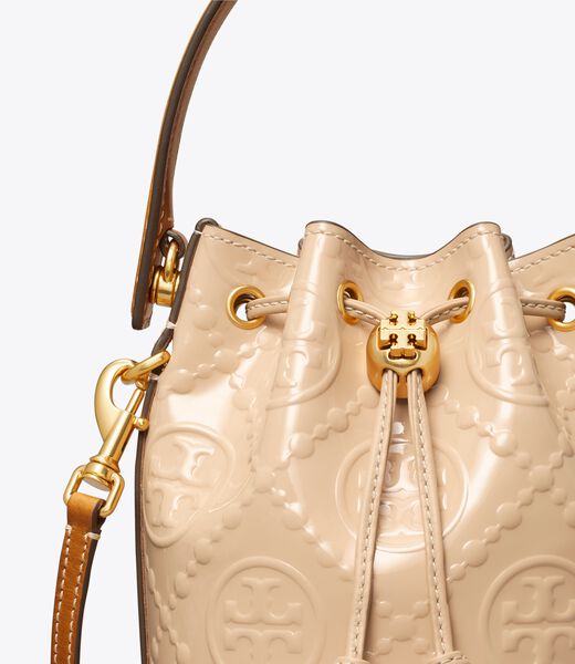 tory burch t monogram patent embossed mini bucket bag