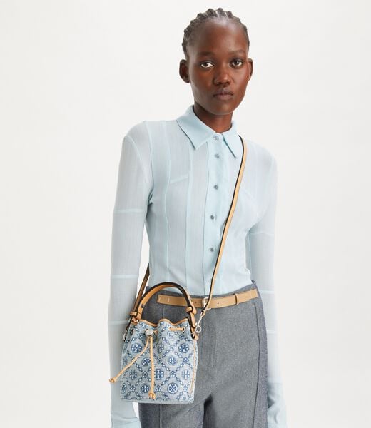 tory burch t monogram denim mini bucket bag