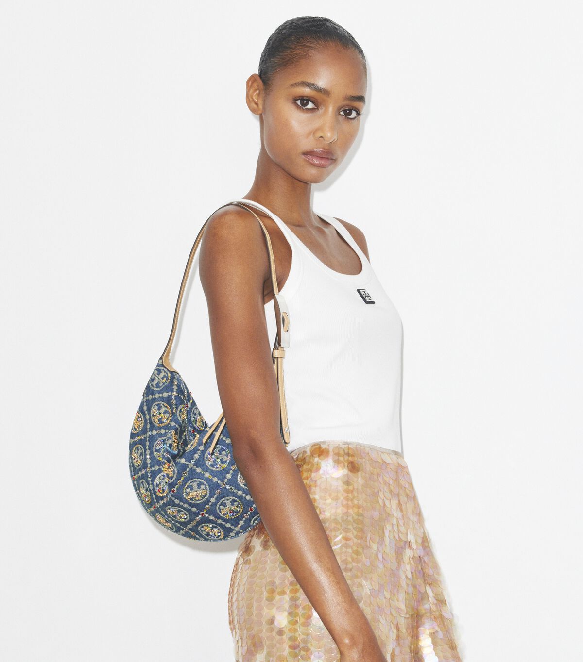 tory burch t monogram denim embellished small balloon bag