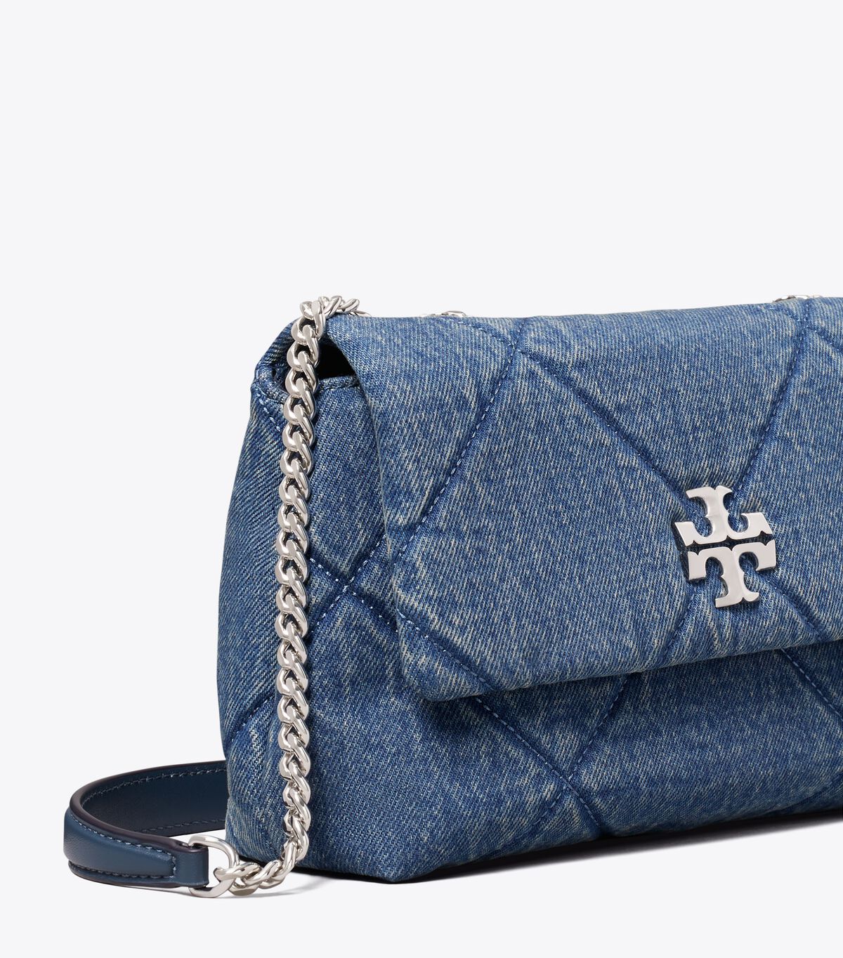 tory burch حقيبة كتف كيرا صغيرة من قماش الدنيم المبطن بالألماس