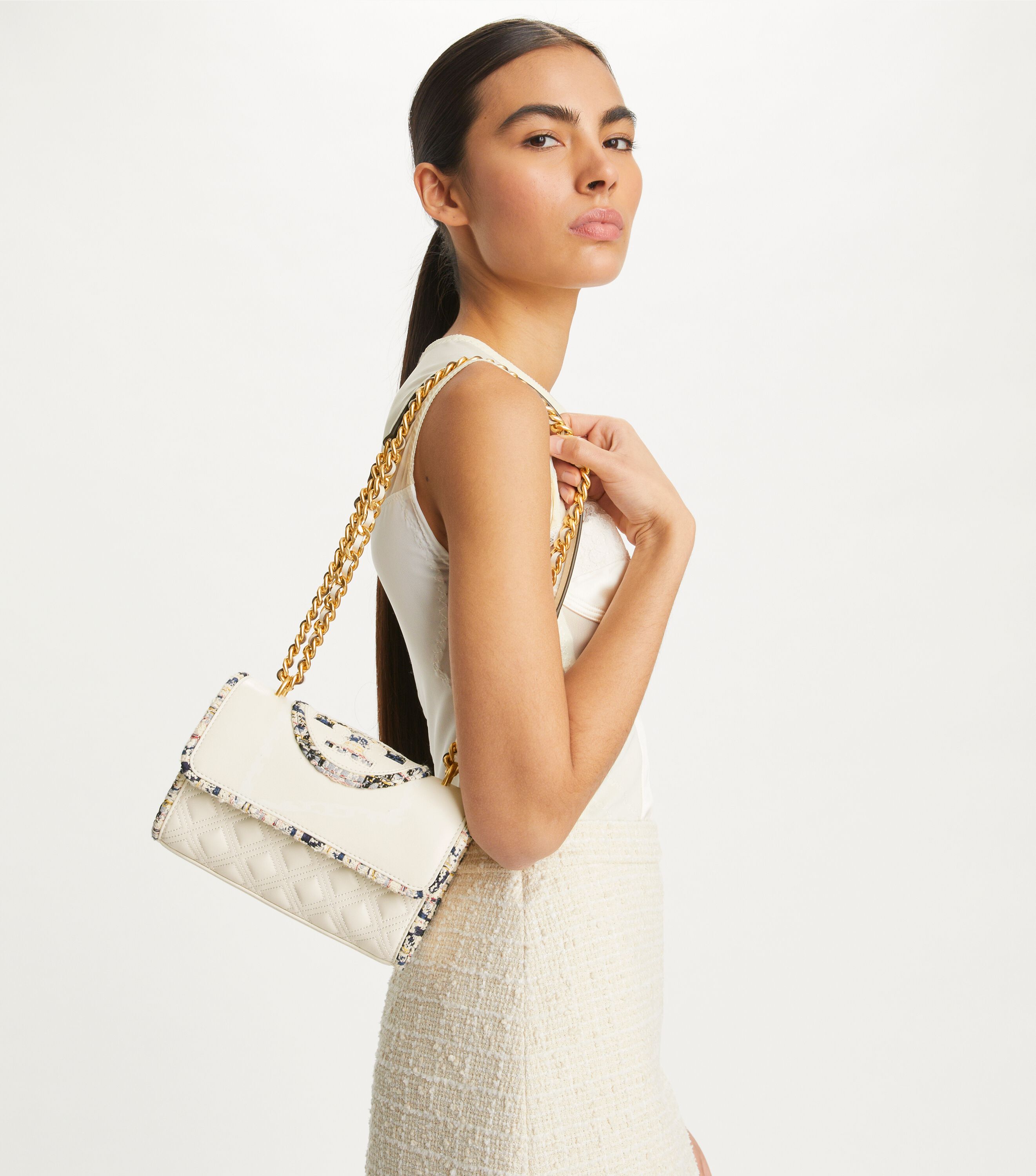 Fleming White Tory Burch Crossbody Small Fleming Tweed Border