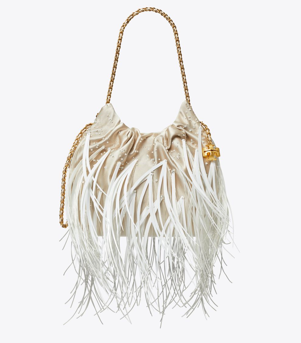 Mini Fleming Feather Drawstring Bag, Stone | Tory Burch UAE