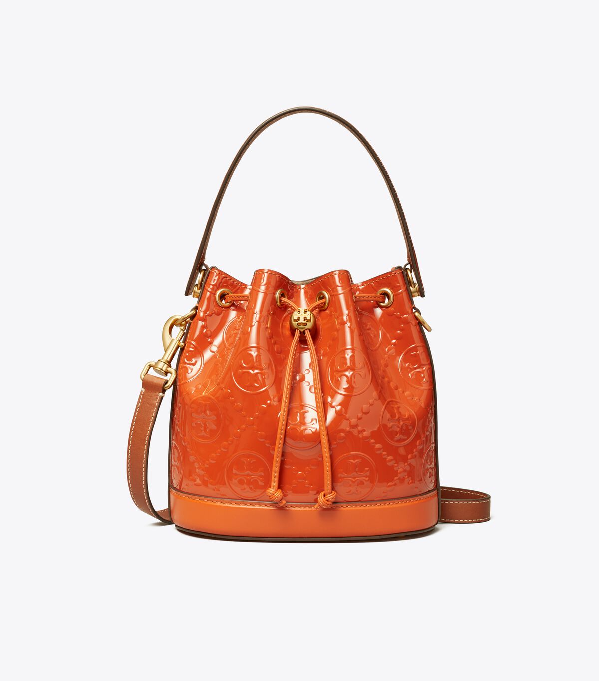 tory burch t monogram patent embossed bucket bag