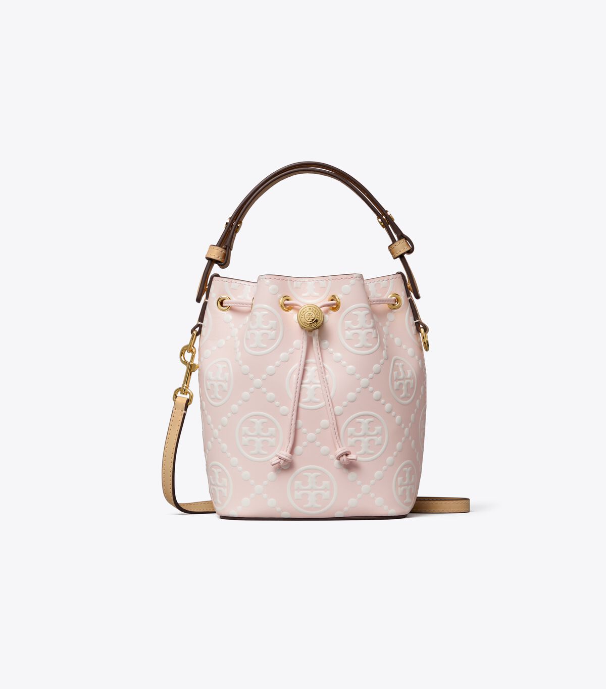 tory burch t monogram contrast embossed mini bucket bag