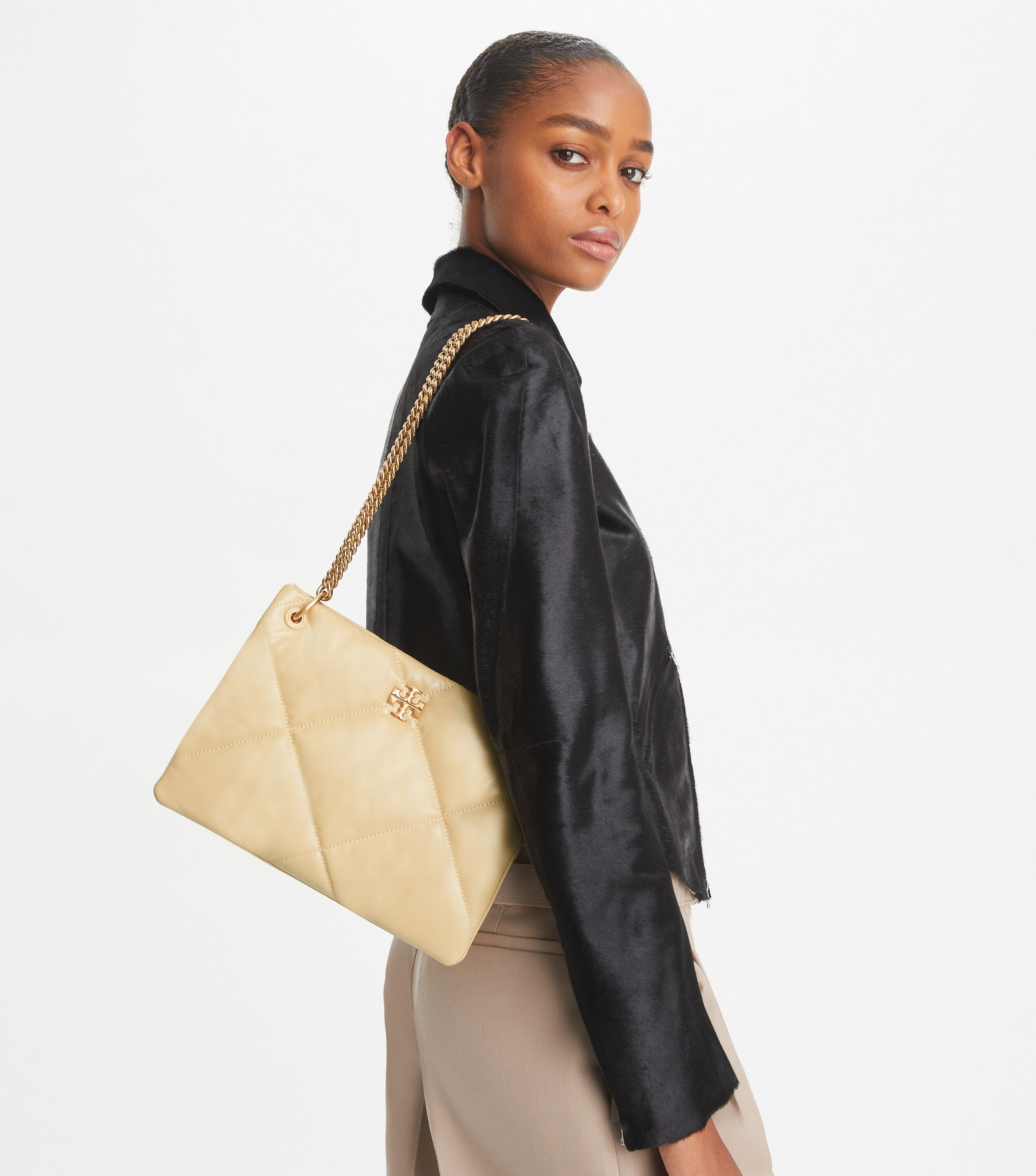 Small Kira Diamond Quilt Shoulder Bag, Vanilla Soft Serve