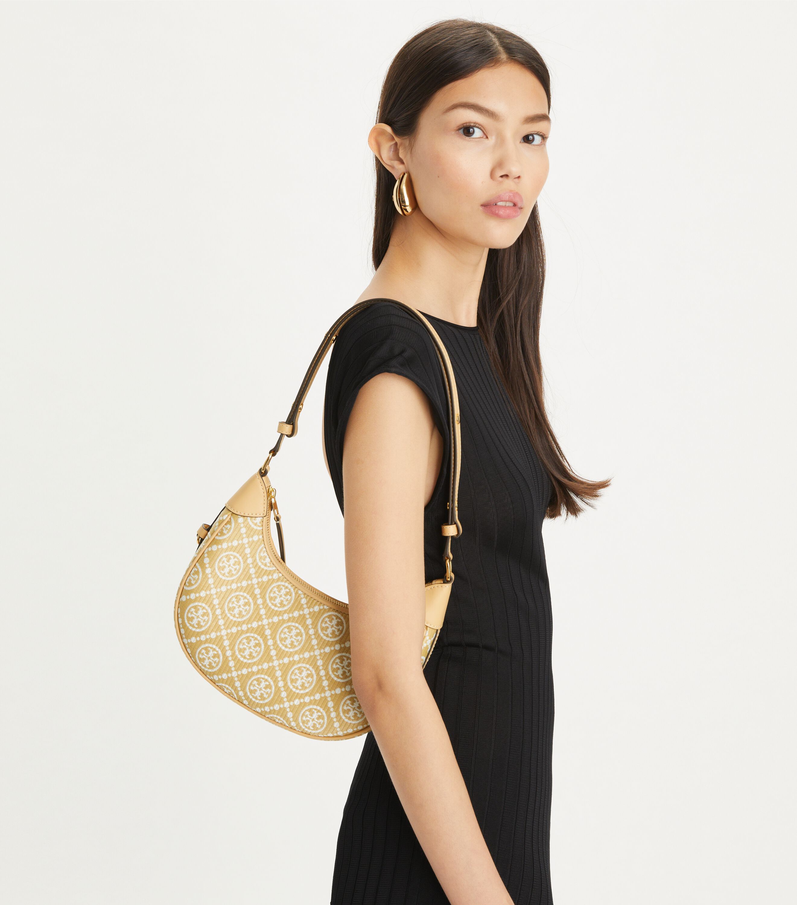T Monogram Raffia Crescent Bag, Natural | Tory Burch UAE T Monogram Raffia Crescent Bag, Natural | Tory Burch UAE