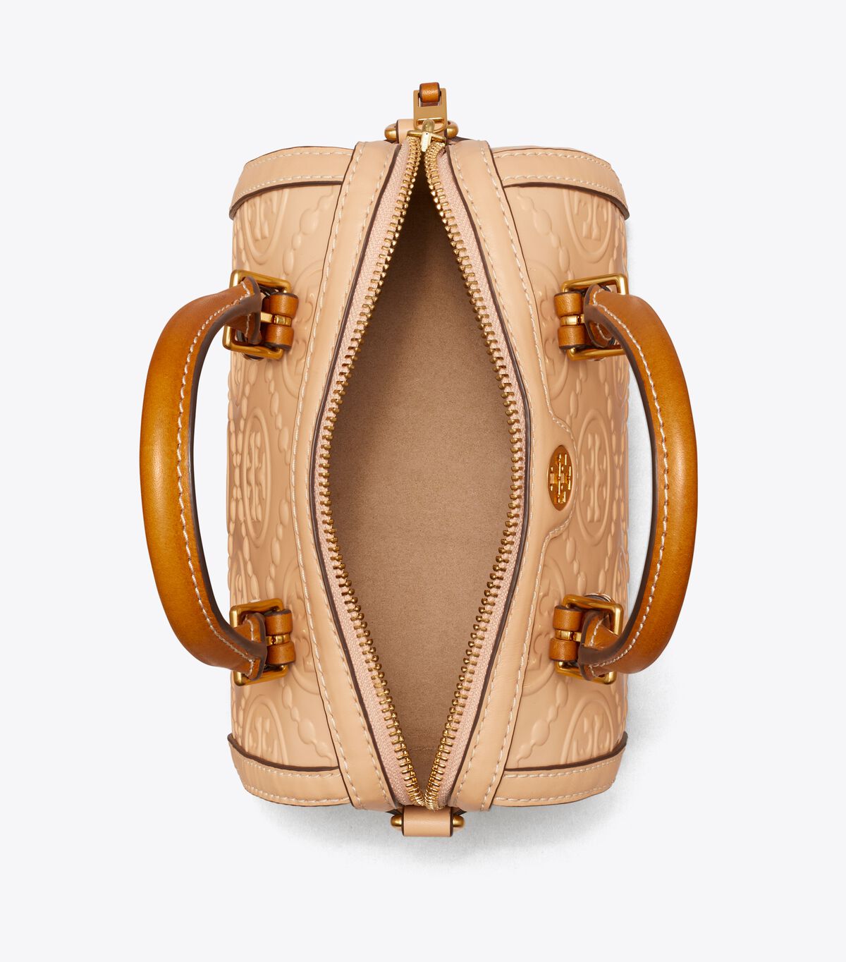 tory burch t monogram patent embossed petite barrel bag