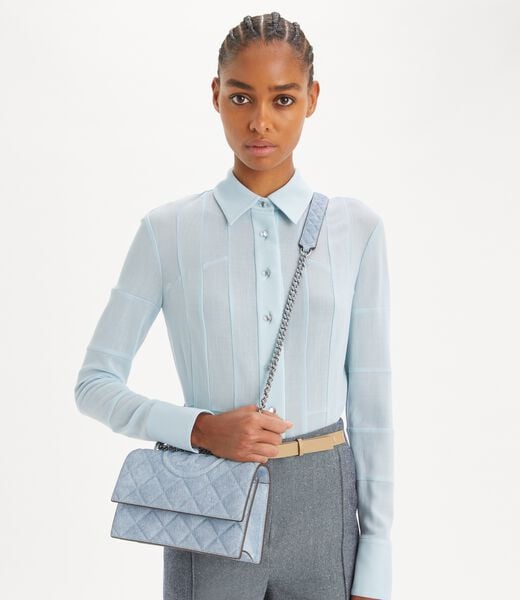 tory burch small fleming denim print suede shoulder bag
