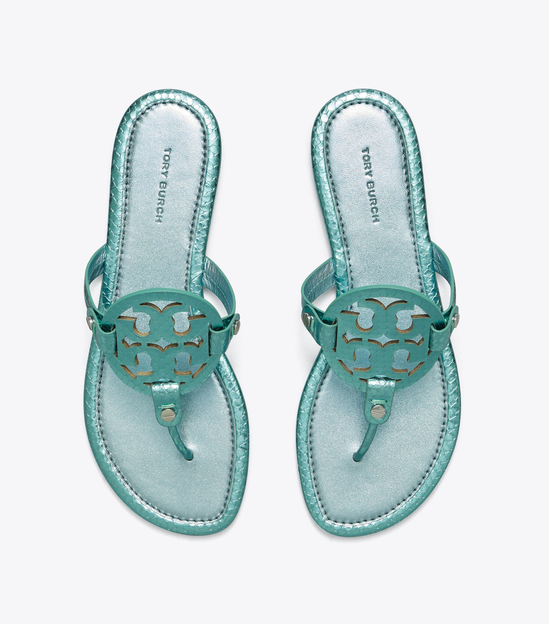 Miller Metallic Snake Embossed Leather Sandal, Laguna Green Tory