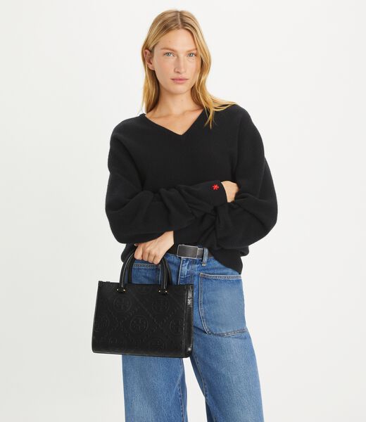tory burch t monogram top handle embossed tote